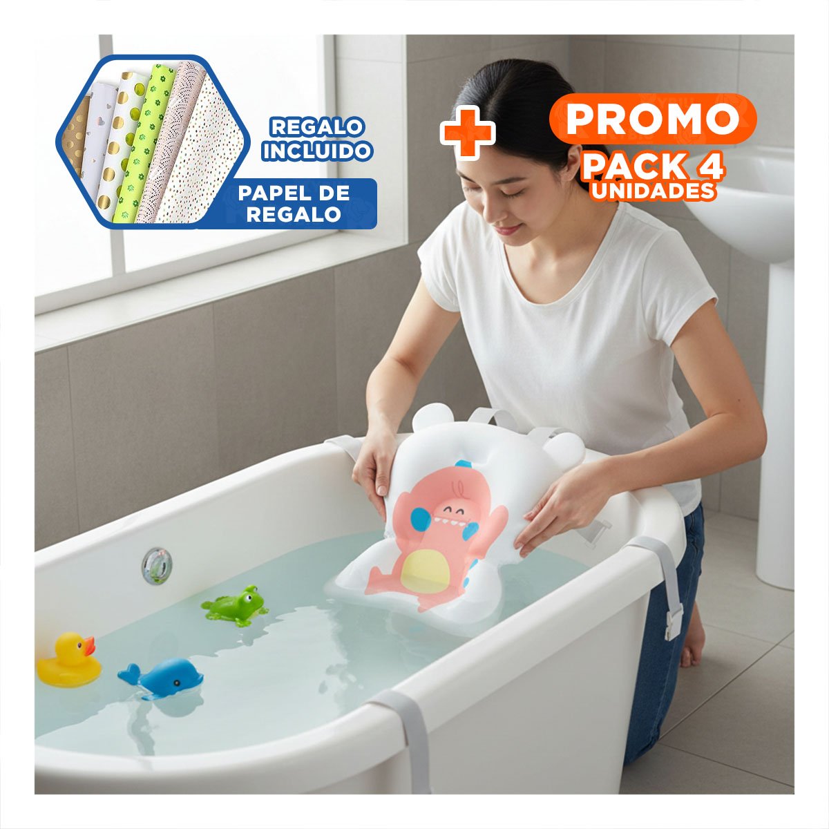 PACK4 COLCHONETA DE BANERA CON FORMA DINOSAURIO ROSADO BLANCO FUNCIONAL Y+PAPEL REGALO - 1