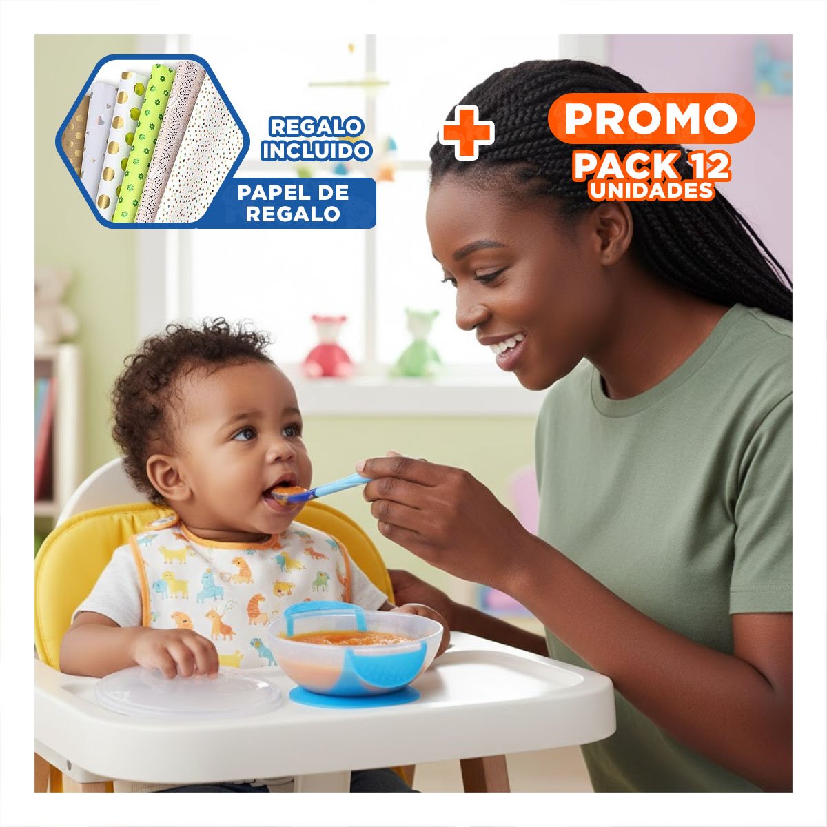 PACK12 BOWL ANTIDESLIZANTE AZUL CON CUBIERTO FUNCIONAL Y TAPA AJUSTABLE Y+PAPEL REGALO - 1