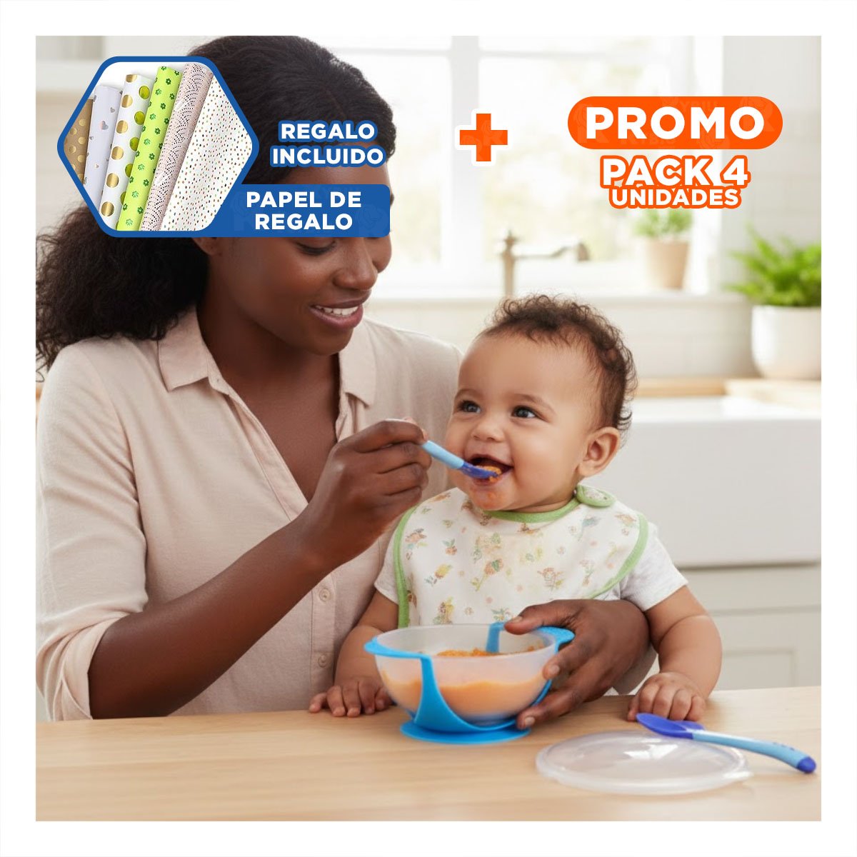 PACK4 TAZON AZUL ANTIDESLIZANTE CON CUBIERTO Y TAPA PARA PRIMERAS COMIDAS Y+PAPEL REGALO - 1