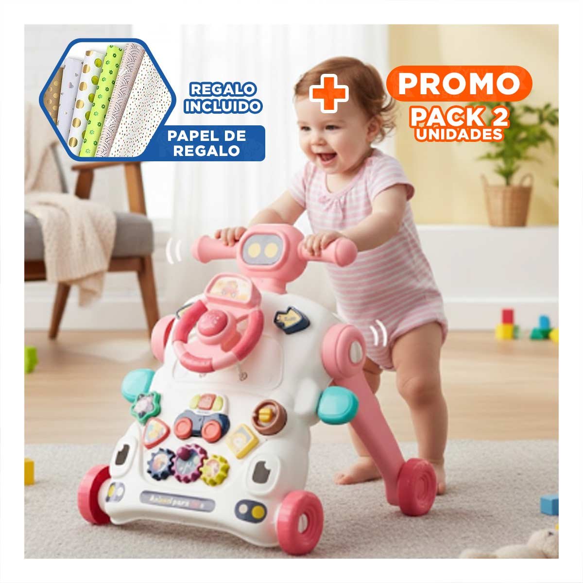 PACK2 ANDADOR DE TUERCAS ROSADO PARA EL DESARROLLO DE LOS NINOS Y+PAPEL REGALO - 1
