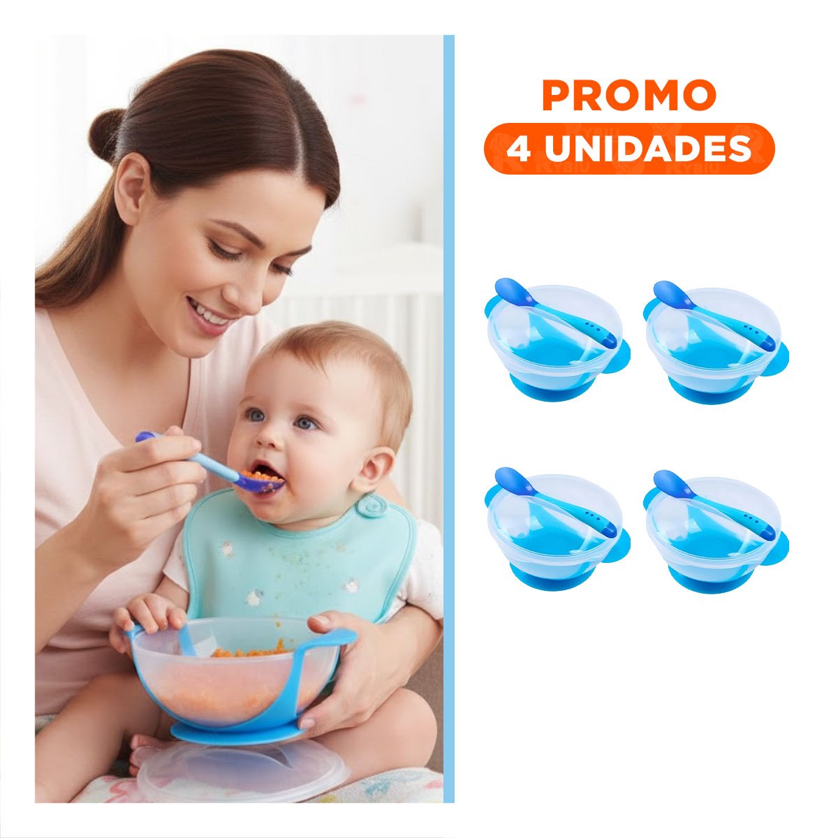 PACK4 BOWL AZUL ANTIDESLIZANTE CON CUBIERTO Y TAPA PARA APRENDIZAJE EN MESA Y+REGALO STICKER - 1