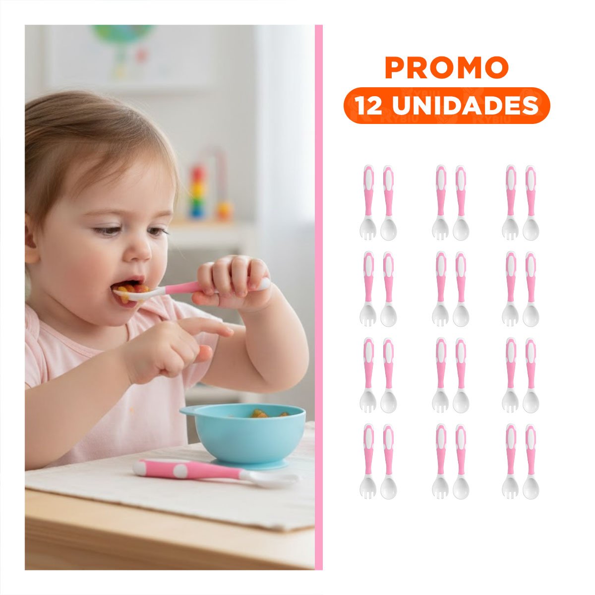 PACK12 KIT COMIDA DISENO ANTIDESLIZANTE PARA BEBE ROSADO CON ESTUCHE DE ALIVIO Y+REGALO STICKER - 1