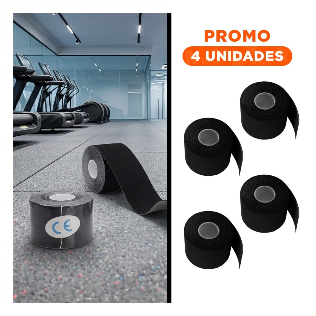 PACK4 ACCESORIO KINESIOLOGICO 5M X 5CM NEGRO CON ADHESIVO UNIFORME Y+REGALO STICKER - 1