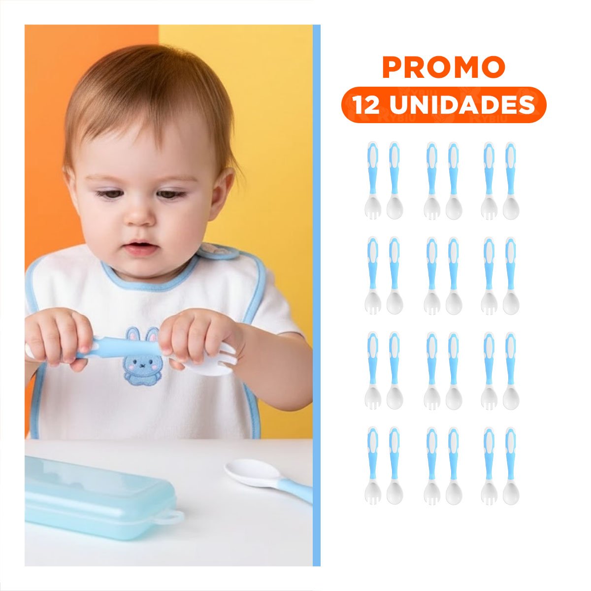 PACK12 KIT COMIDA DISENO ANTIDESLIZANTE PARA BEBE CELESTE CON ALIVIO DE ENCIAS Y+REGALO STICKER - 1