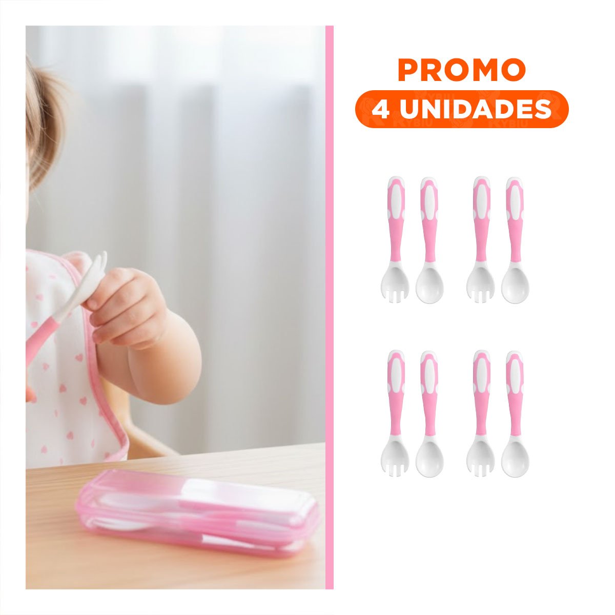 PACK4 UTENSILIO ALIMENTACION ANTIDESLIZANTE PARA BEBE ROSADO CON ESTUCHE Y+REGALO STICKER - 1