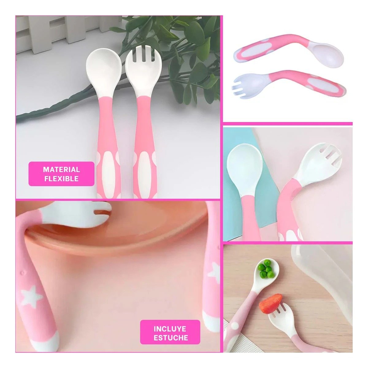 PACK4 UTENSILIO ALIMENTACION ANTIDESLIZANTE PARA BEBE ROSADO CON ESTUCHE Y+REGALO STICKER - 2