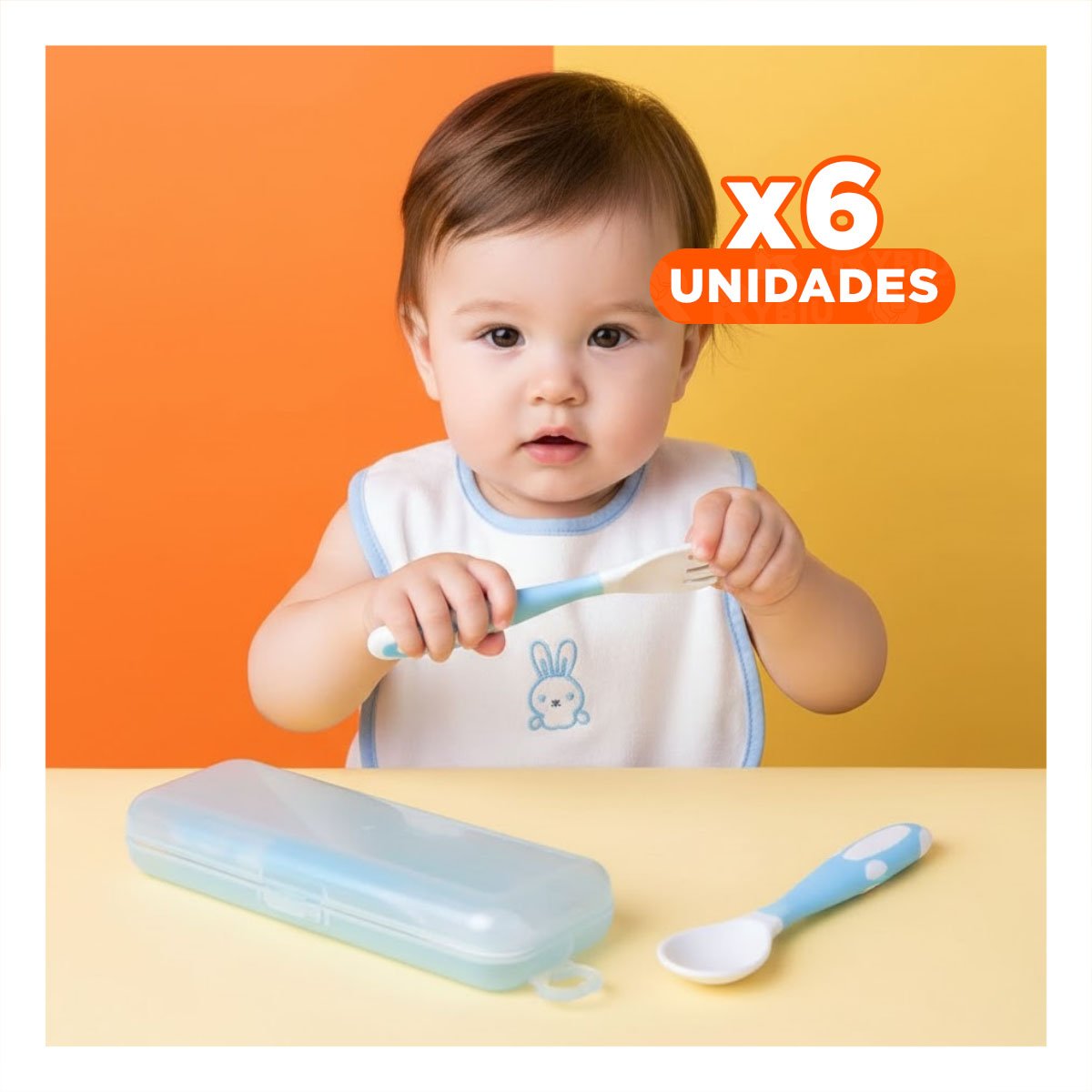PACK6 SET CUCHARA Y TENEDOR ESTILO FLEXIBLE PARA BEBE CELESTE CON GOMA SUAVE Y+REGALO STICKER - 1