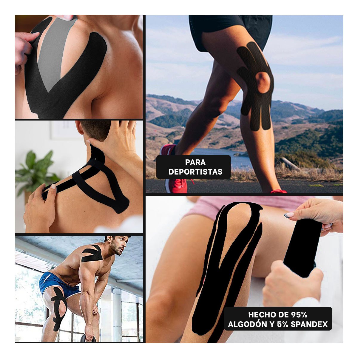 PACK6 ACCESORIO KINESIOLOGICO DEPORTIVO 5M X 5CM NEGRO CON SOPORTE SEGURO Y+PAPEL REGALO - 3