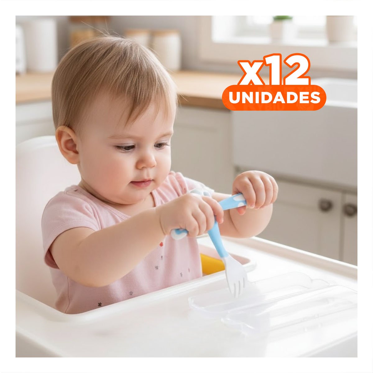 PACK12 CUBIERTO SILICONA MODELO ANTIDESLIZANTE PARA BEBE CELESTE CON LAVADO - 1