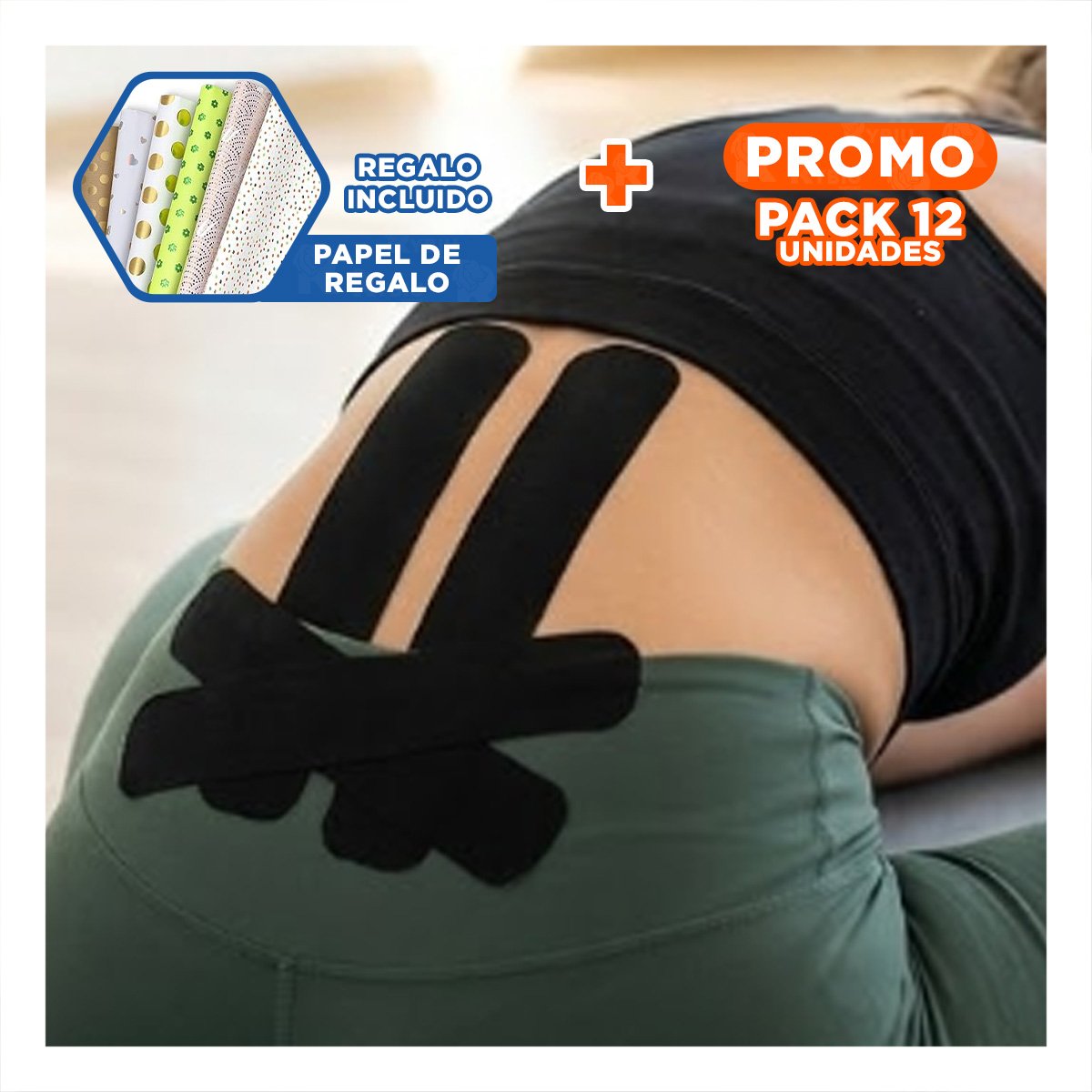PACK12 COMPLEMENTO KINESIOLOGICO 5M X 5CM NEGRO CON ADHESION PRECISA Y+PAPEL REGALO - 1