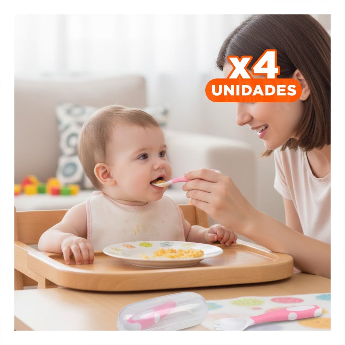 PACK4 SET CUCHARA Y TENEDOR DISENO ANTIDESLIZANTE PARA BEBE ROSADO CON ESTUCHE DE CUIDADO - 1