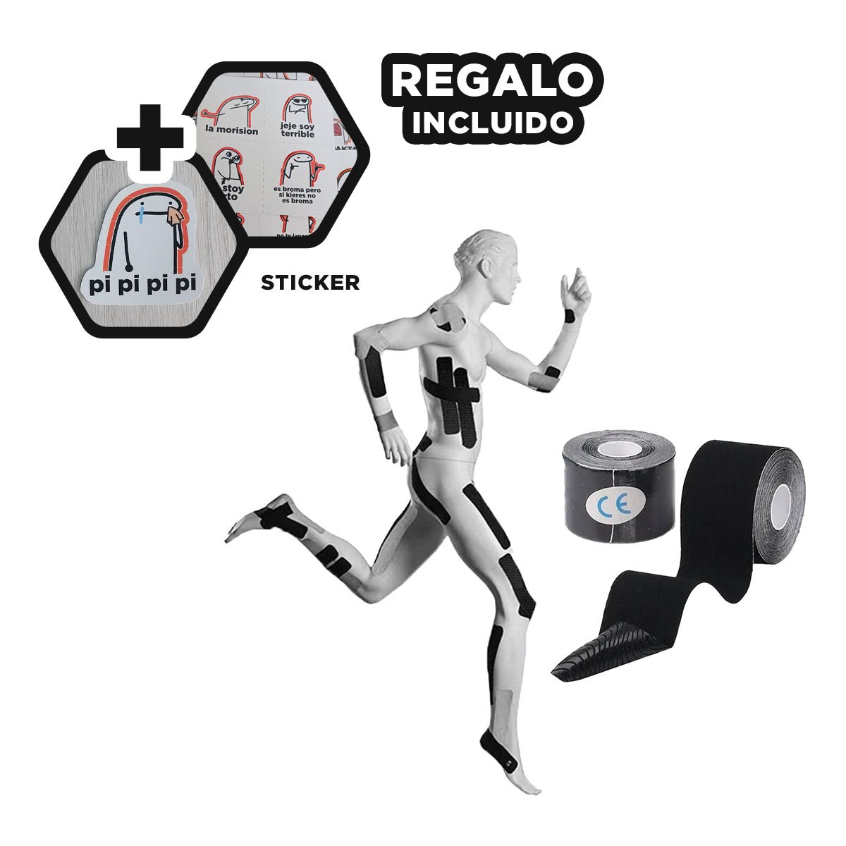 VENDAJE KINESIOLOGICO DEPORTIVO 5M X 5CM NEGRO CON SOPORTE ESTABLE Y+REGALO STICKER - 1