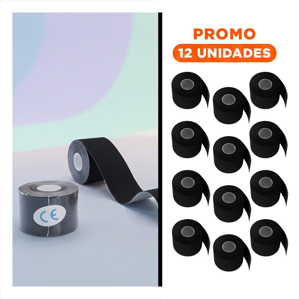 PACK12 COMPLEMENTO KINESIOLOGICO PROFESIONAL 5M X 5CM NEGRO CON AJUSTEE Y+REGALO STICKER - 1