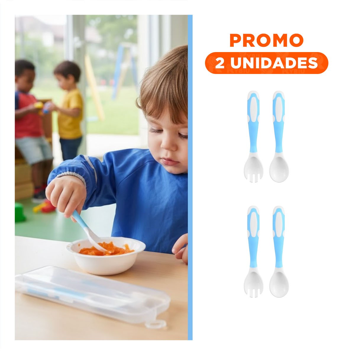 PACK2 UTENSILIO ALIMENTACION ESTILO FLEXIBLE PARA BEBE CELESTE CON RESISTENCIA - 1