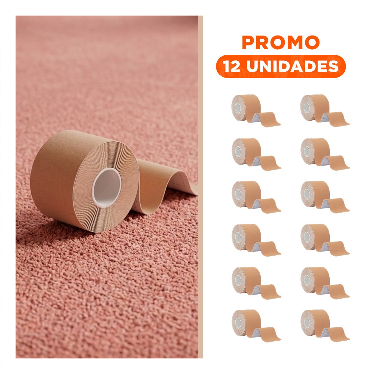 PACK12 SOPORTE KINESIOLOGICO PROFESIONAL 5M X 5CM BEIGE CON AJUSTE SEGURO Y+REGALO STICKER - 1