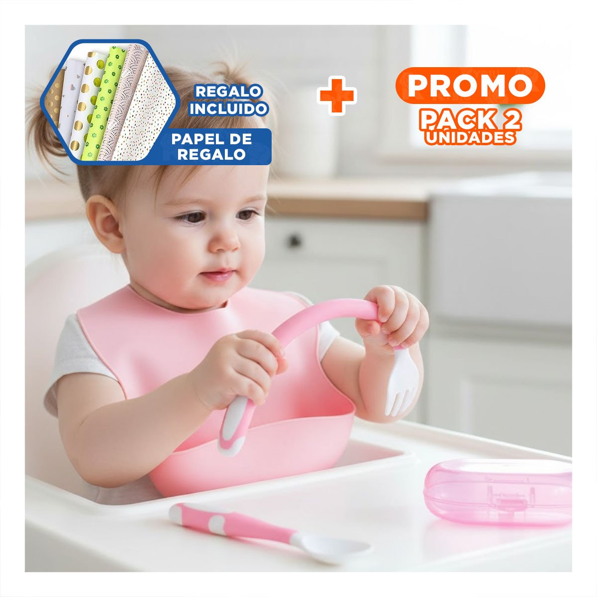 PACK2 KIT COMIDA MODELO ANTIDESLIZANTE PARA BEBE ROSADO CON ESTUCHE DE VARIEDAD Y+PAPEL REGALO - 1
