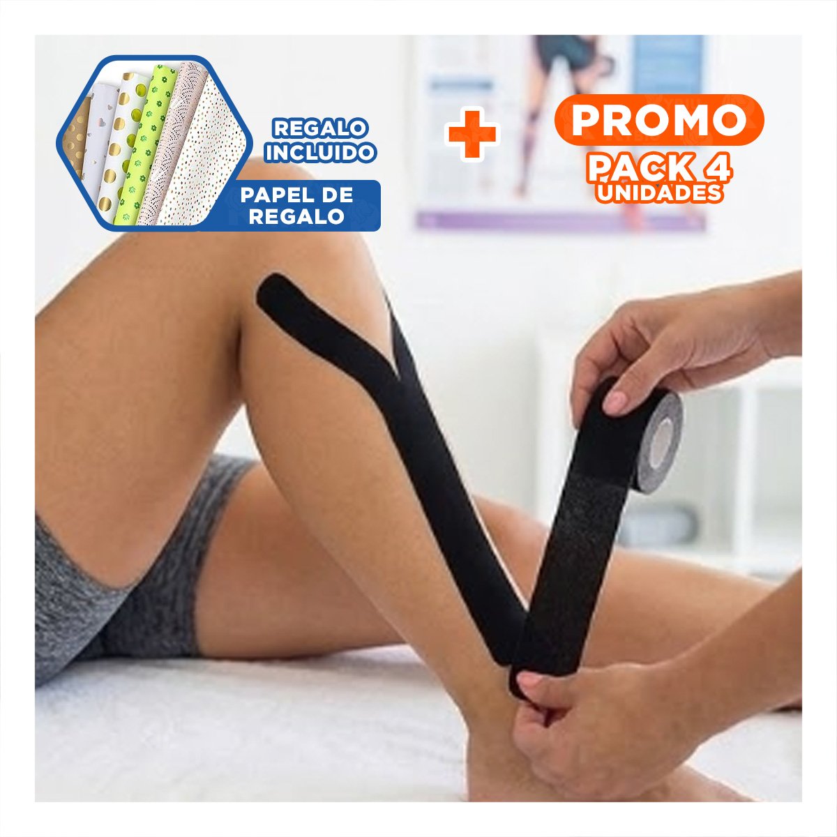 PACK4 SOPORTE KINESIOLOGICO RESISTENTE 5M X 5CM NEGRO CON FIJACION FLEXIBLE Y+PAPEL REGALO - 1