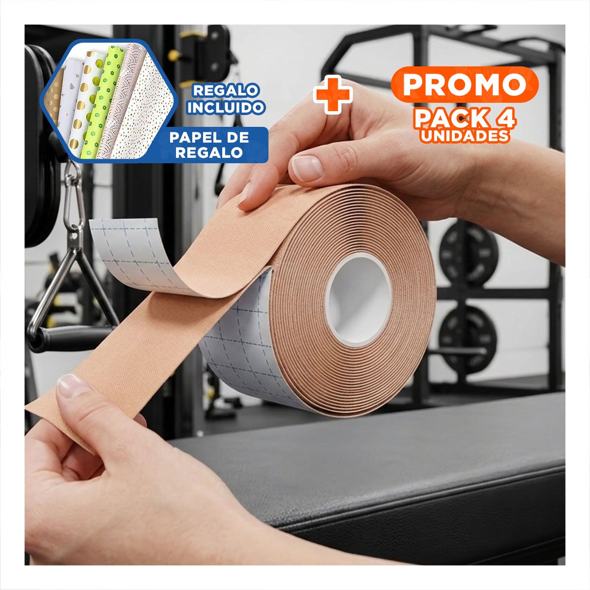 PACK4 ROLLO KINESIOLOGICO RESISTENTE 5M X 5CM BEIGE CON FIJACION FIRME Y+PAPEL REGALO - 1