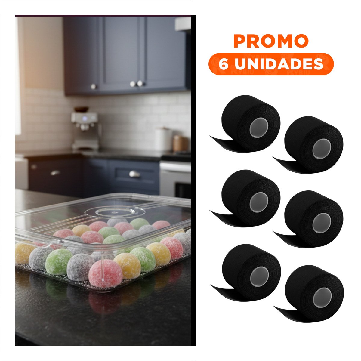 PACK6 ACCESORIO KINESIOLOGICO PROFESIONAL 5M X 5CM NEGRO CON AJUSTE FIRME - 1
