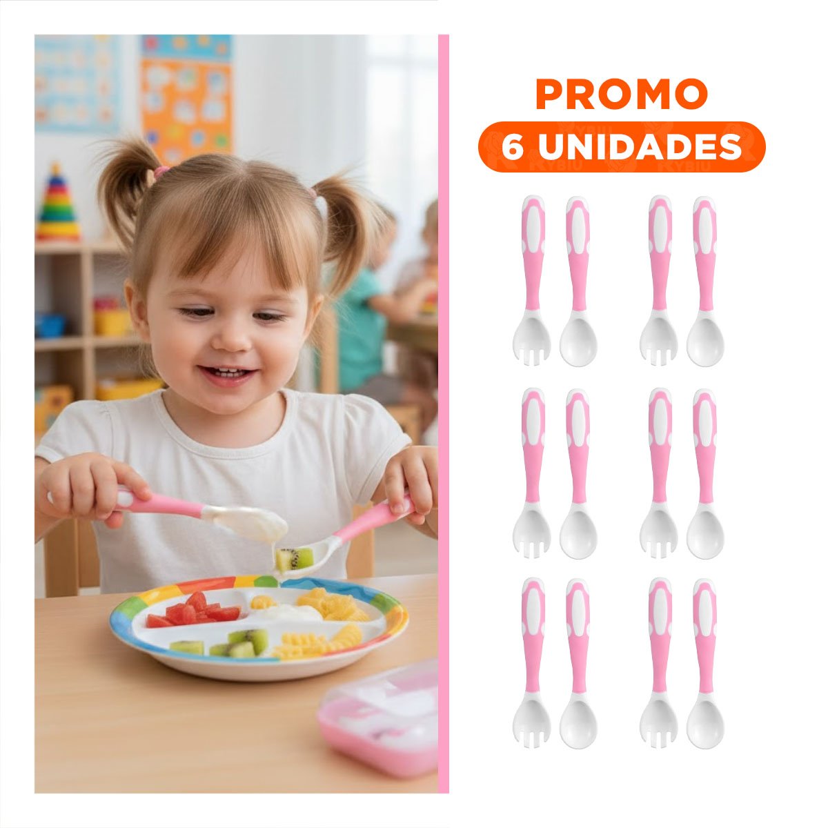 PACK6 KIT COMIDA FORMA FLEXIBLE PARA BEBE ROSADO CON ESTUCHE DE CALMA - 1