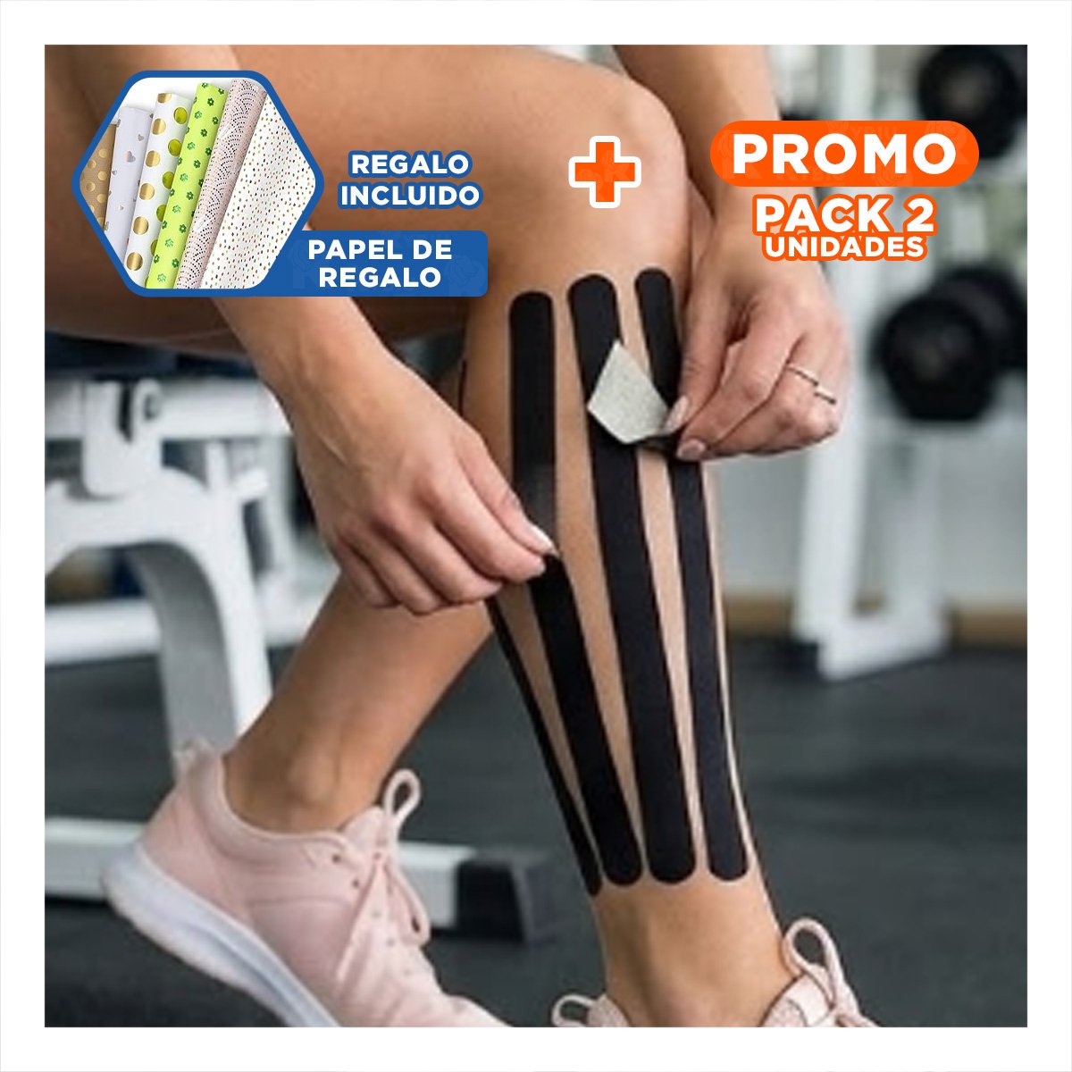 PACK2 SOPORTE KINESIOLOGICO PROFESIONAL 5M X 5CM NEGRO CON AJUSTE SEGURO Y+PAPEL REGALO - 1