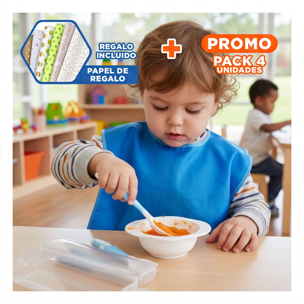 PACK4 CUBIERTO SILICONA ESTILO FLEXIBLE PARA BEBE CELESTE CON COMODIDAD TOTAL Y+PAPEL REGALO - 1