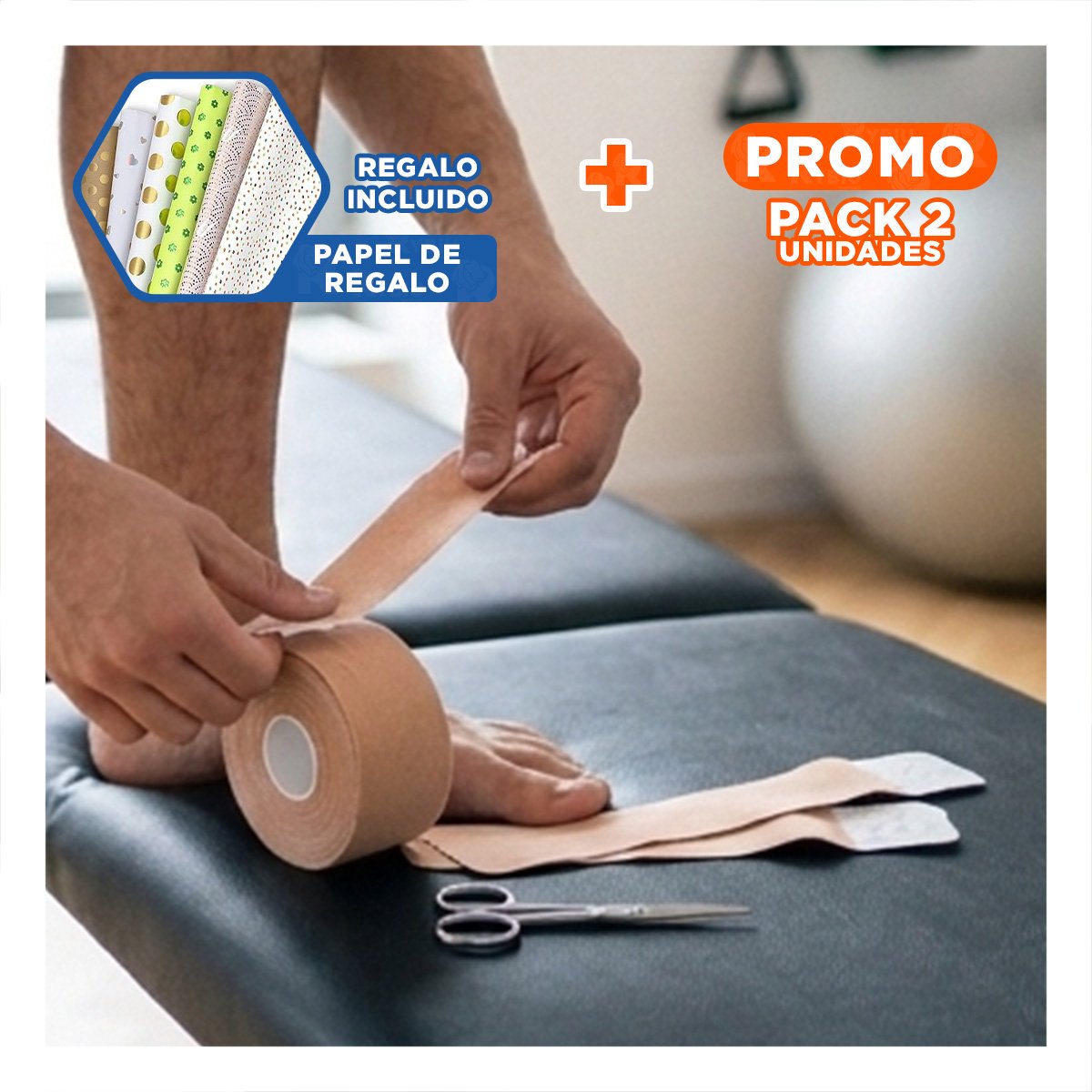 PACK2 ROLLO KINESIOLOGICO PROFESIONAL 5M X 5CM BEIGE CON AJUSTE FLEXIBLE Y+PAPEL REGALO - 1