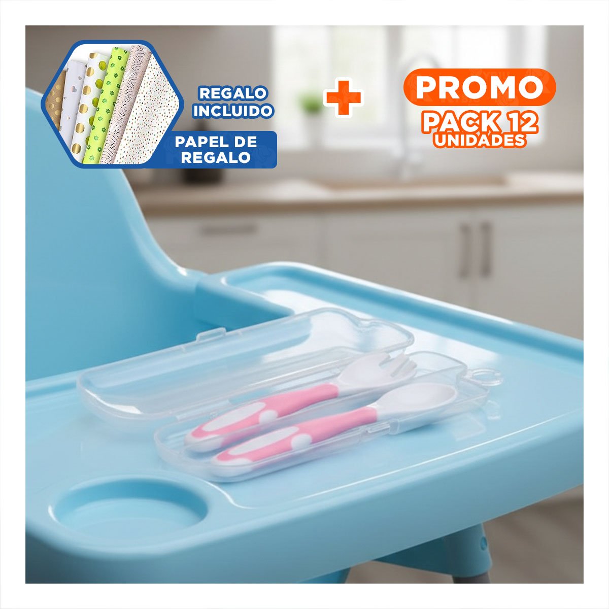 PACK12 UTENSILIO ALIMENTACION FORMA FLEXIBLE PARA BEBE ROSADO CON ESTUCHE Y+PAPEL REGALO - 1