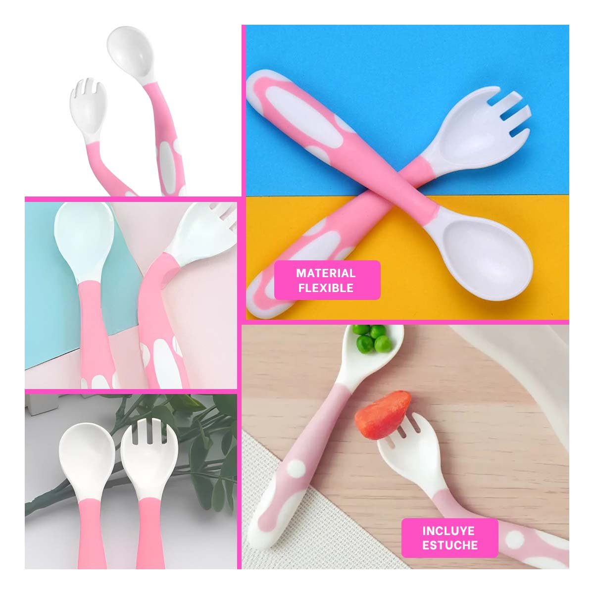 PACK12 UTENSILIO ALIMENTACION FORMA FLEXIBLE PARA BEBE ROSADO CON ESTUCHE Y+PAPEL REGALO - 2