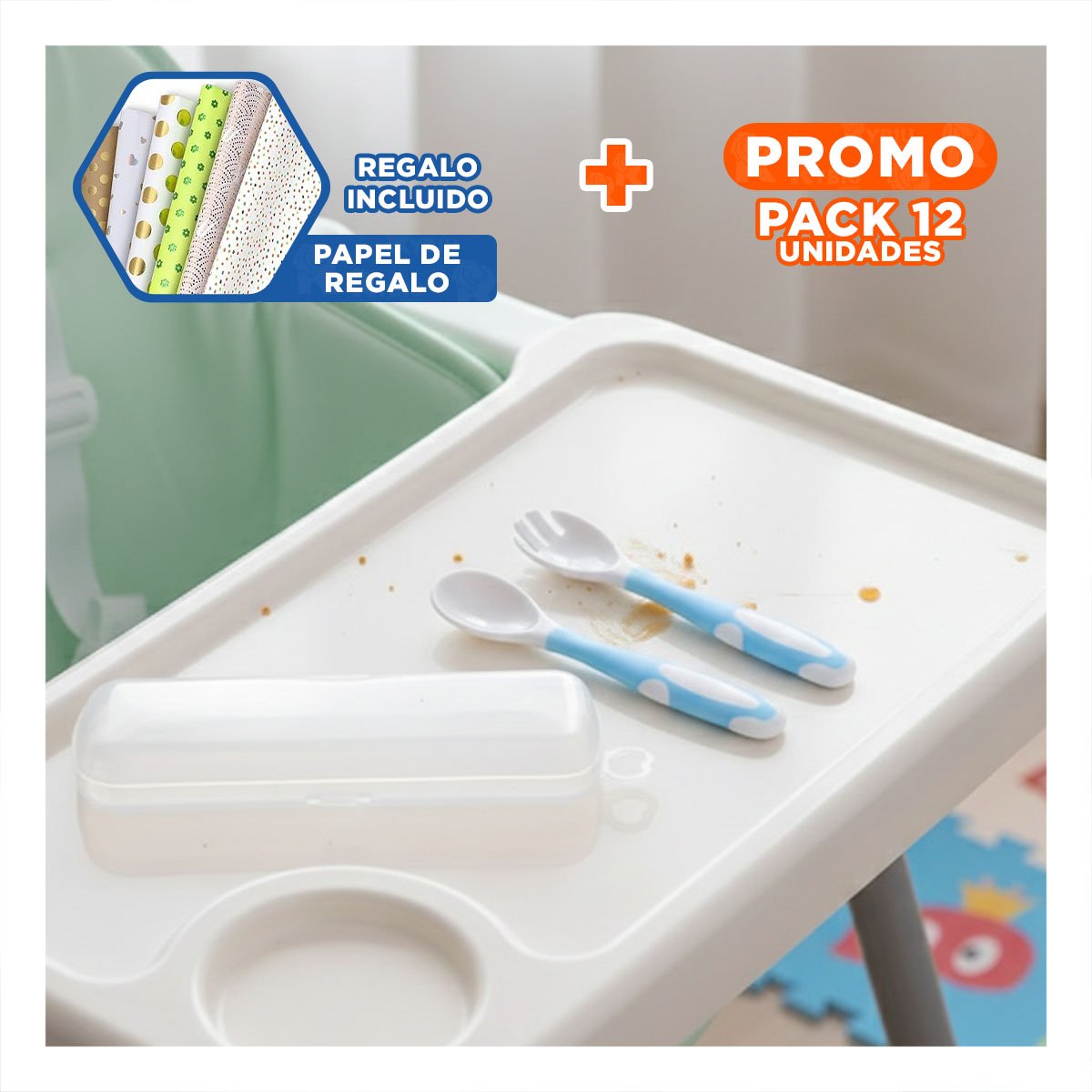 PACK12 UTENSILIO ALIMENTACION FORMA FLEXIBLE PARA BEBE CELESTE CON ESTILO AZUL Y+PAPEL REGALO - 1