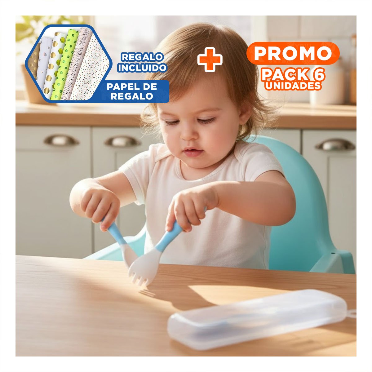 PACK6 JUEGO CUBIERTOS DISENO ANTIDESLIZANTE PARA BEBE CELESTE CON CUIDADO Y+PAPEL REGALO - 1