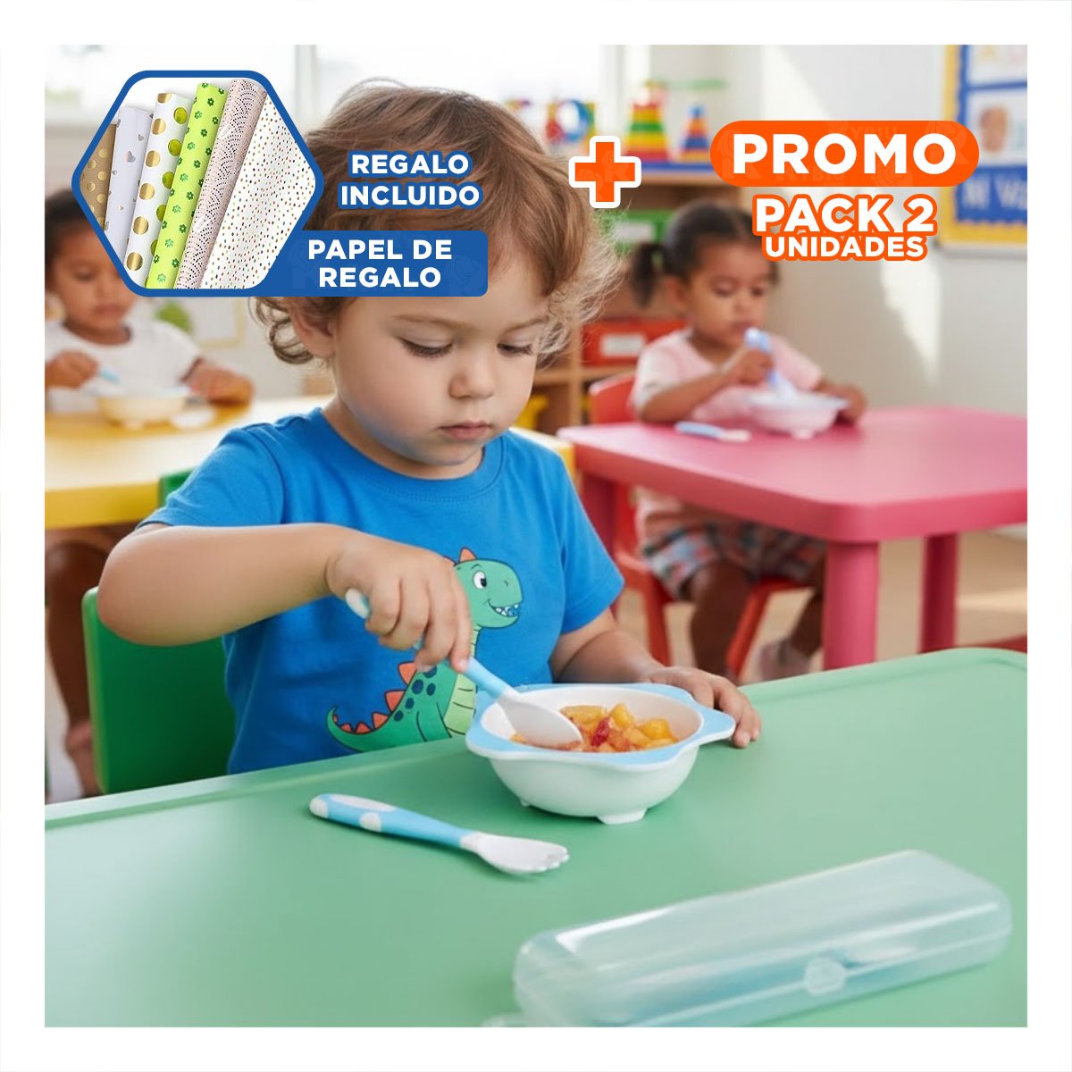PACK2 KIT COMIDA MODELO ANTIDESLIZANTE PARA BEBE CELESTE CON VARIEDAD DE USO Y+PAPEL REGALO - 1