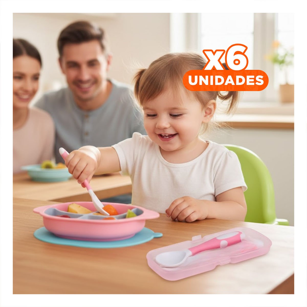 PACK6 SET CUCHARA Y TENEDOR ESTILO FLEXIBLE PARA BEBE ROSADO CON ESTUCHE Y+REGALO STICKER - 1