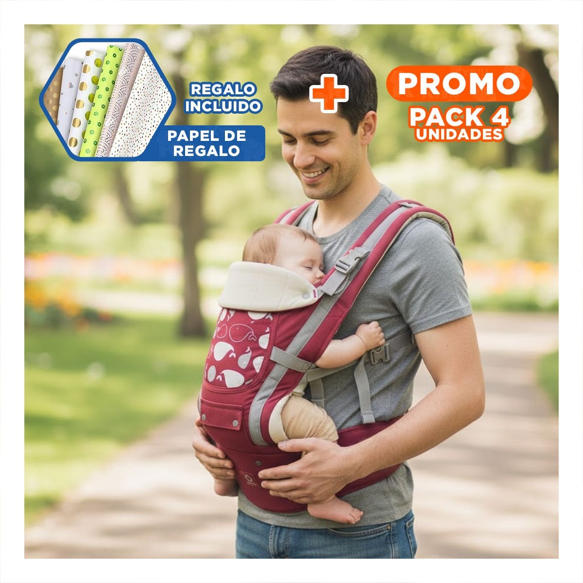 PACK4 MOCHILA PORTABEBE MODELO BALLENITA PARA BEBE GUINDA DE USO MULTIFUNCION Y+PAPEL REGALO - 1