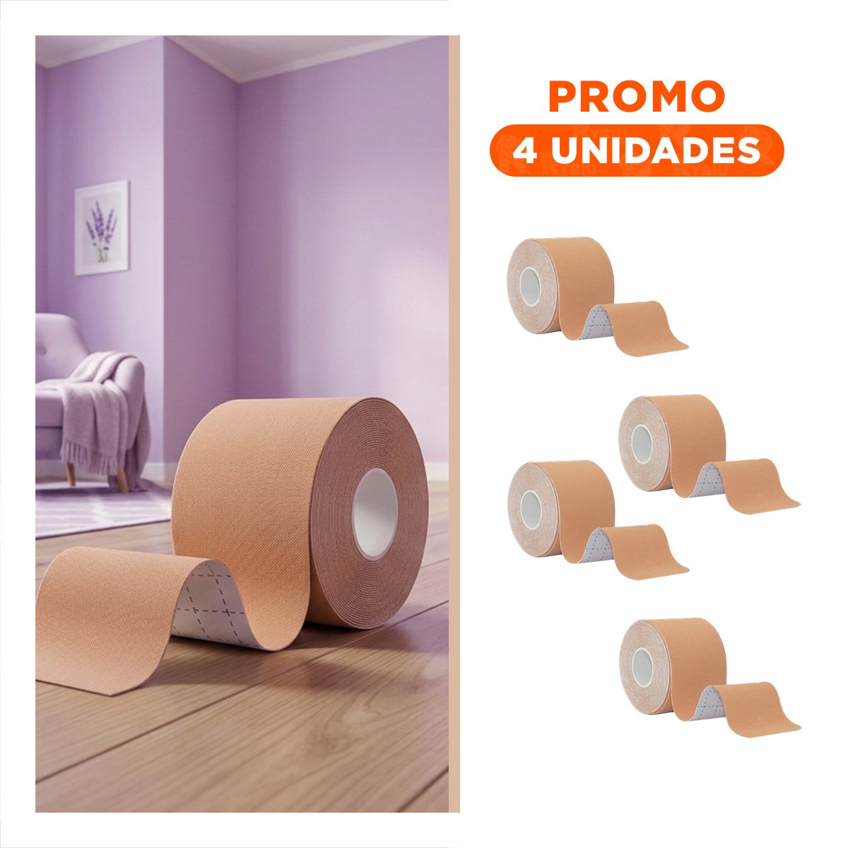 PACK4 BANDA KINESIOLOGICA 5M X 5CM BEIGE CON ADHESIVO SEGURO Y+REGALO STICKER - 1