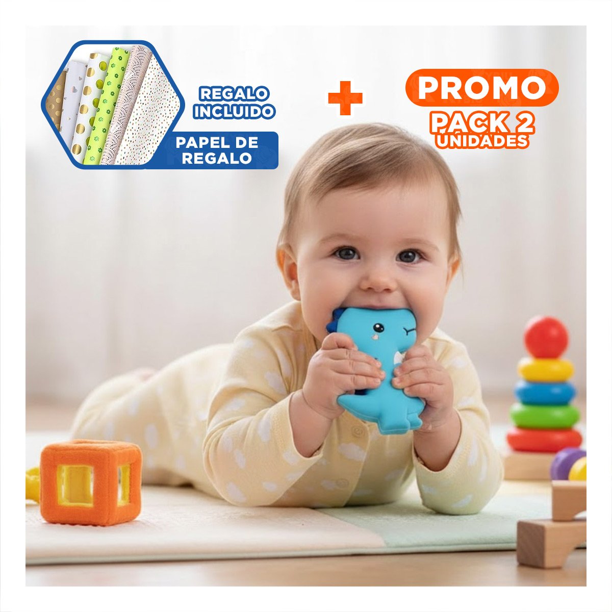 PACK2 RASCADOR SILICONA FORMA DINOSAURIO PARA BEBE AZUL DE DISENO DIVERTIDO Y+PAPEL REGALO - 1