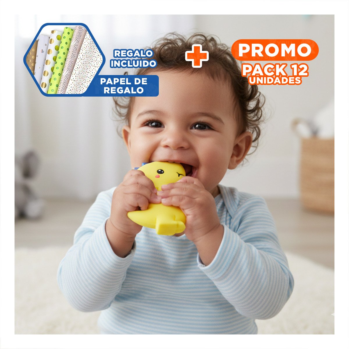 PACK12 ACCESORIO SILICONA MODELO DINOSAURIO PARA BEBE AMARILLO PARA MASAJE BUCAL Y+PAPEL REGALO - 1