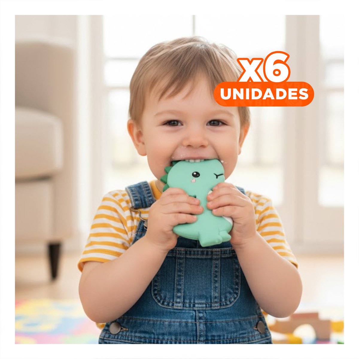 PACK6 MORDEDOR SILICONA ESTILO DINOSAURIO PARA BEBE VERDE DE PRACTICO TAMANO Y+REGALO STICKER - 1