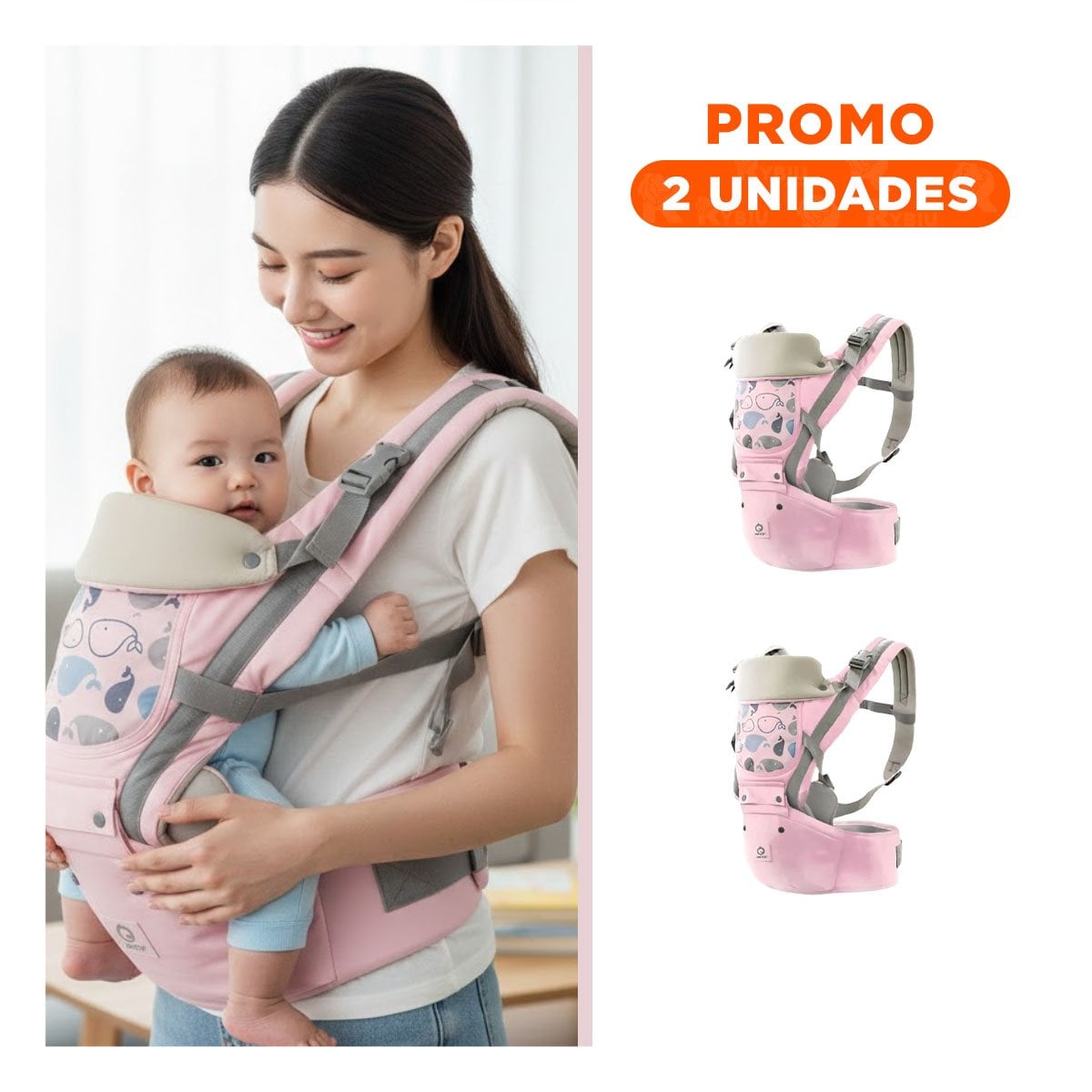 PACK2 CARGADOR DE BEBE ESTILO BALLENITA 3 EN 1 ROSADO CON BROCHE DE PRESION - 1
