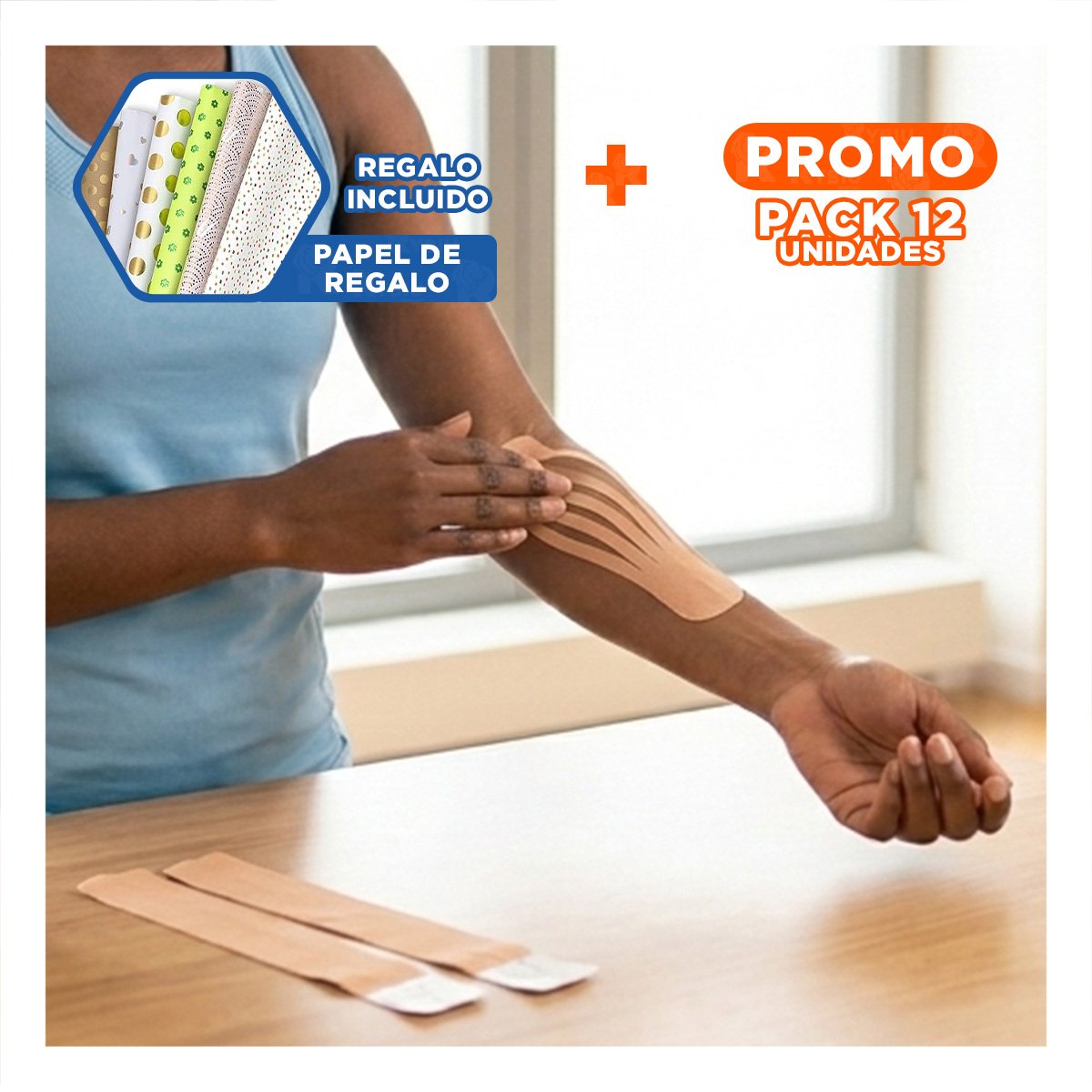 PACK12 SOPORTE KINESIOLOGICO 5M X 5CM BEIGE CON ADHESION FIRME Y+PAPEL REGALO - 1