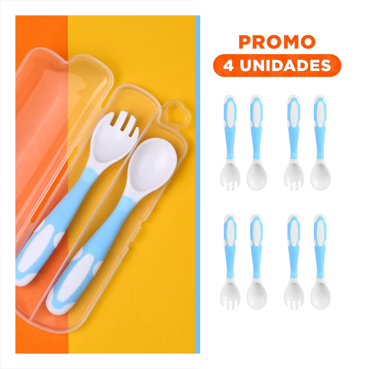 PACK4 UTENSILIO ALIMENTACION MODELO ANTIDESLIZANTE PARA BEBE CELESTE DE BANO Y+REGALO STICKER - 1