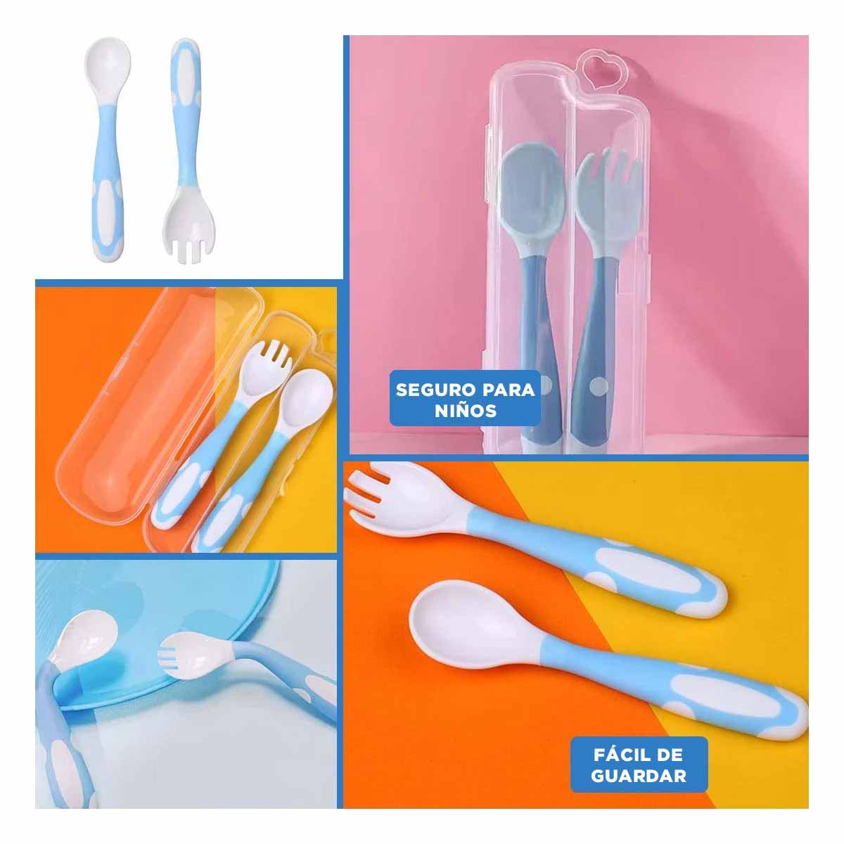 PACK4 UTENSILIO ALIMENTACION MODELO ANTIDESLIZANTE PARA BEBE CELESTE DE BANO Y+REGALO STICKER - 2