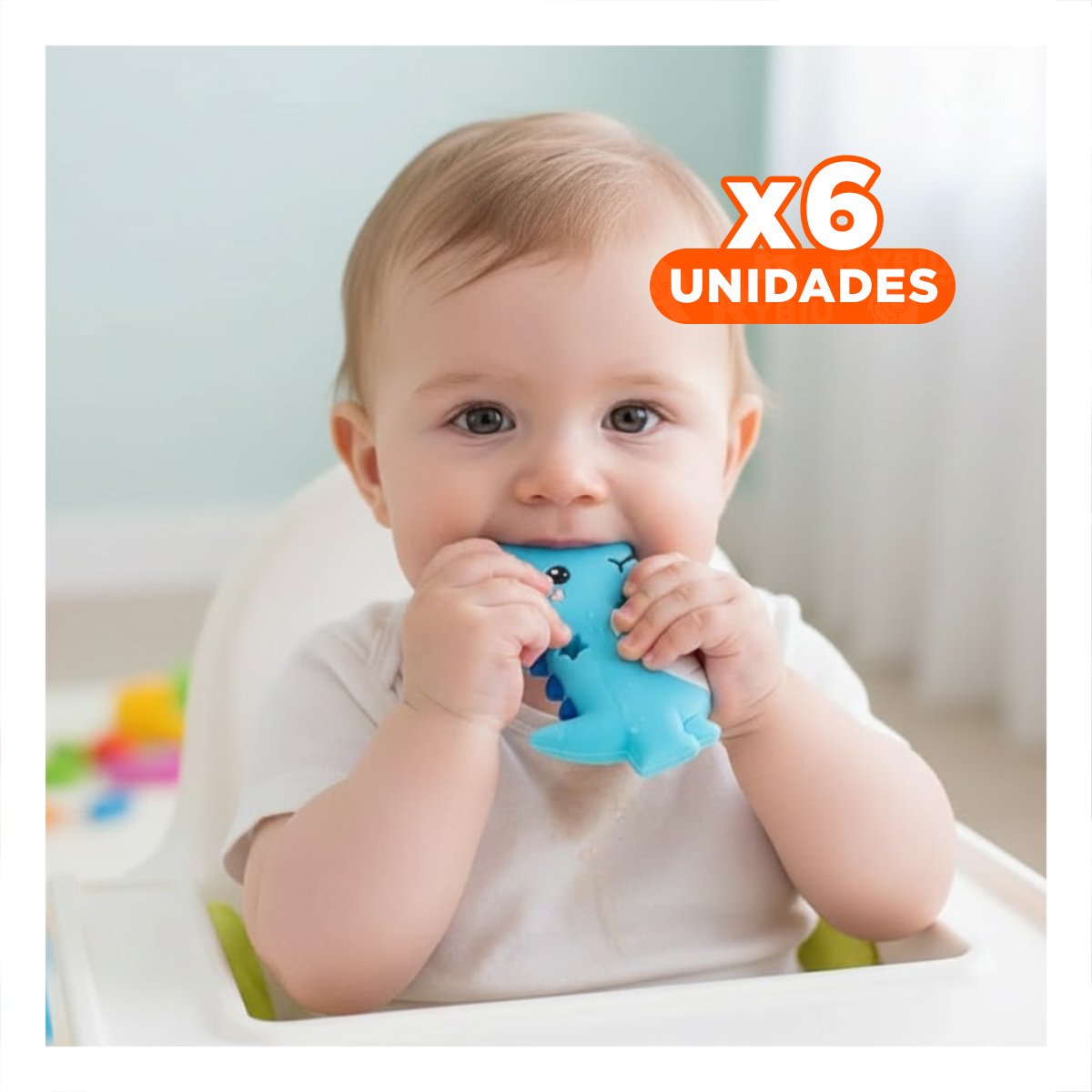 PACK6 ACCESORIO SILICONA MODELO DINOSAURIO PARA BEBE AZUL PARA MASAJE BUCAL Y+REGALO STICKER - 1