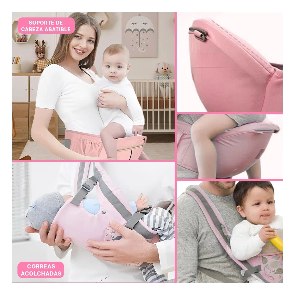 PACK4 CARGADOR DE BEBE MODELO BALLENITA 3 EN 1 ROSADO CON RELLENO ACOLCHADO Y+REGALO STICKER - 2