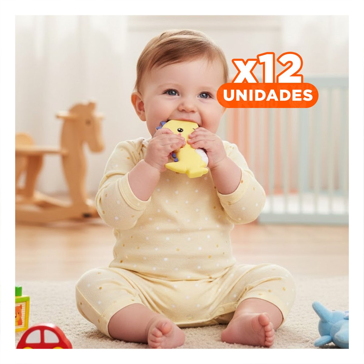 PACK12 MORDEDOR SILICONA ESTILO DINOSAURIO PARA BEBE AMARILLO DE PRACTICO TAMANO - 1