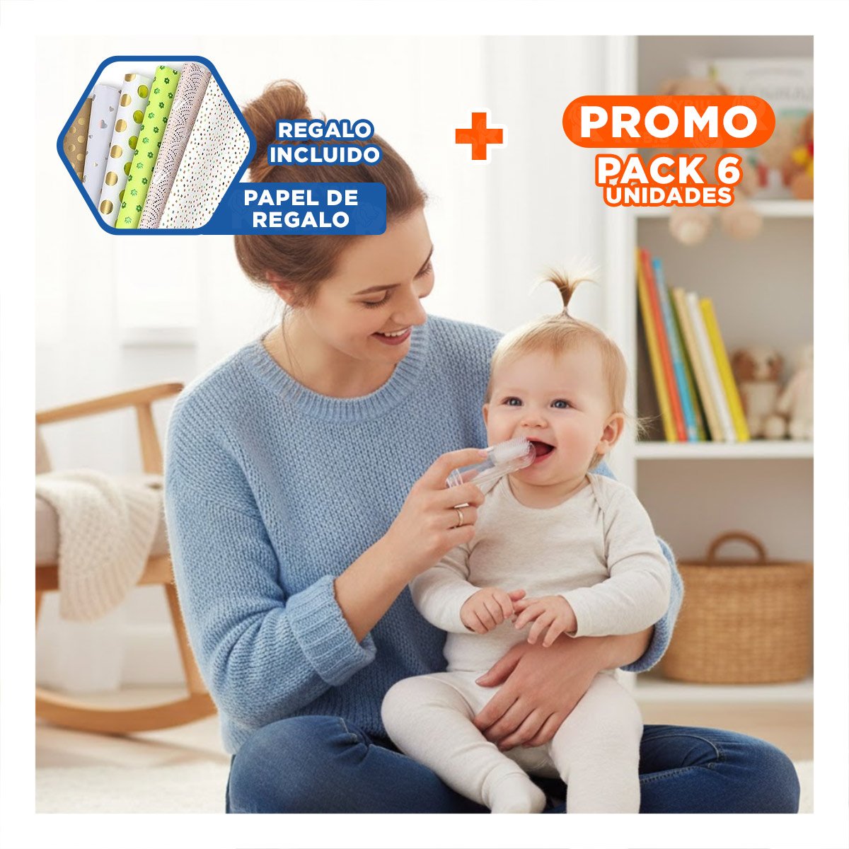 PACK6 LIMPIADOR DENTAL ESTILO DEDAL PARA BEBE CON ESTUCHE AZUL DE CUIDADO Y+PAPEL REGALO - 1