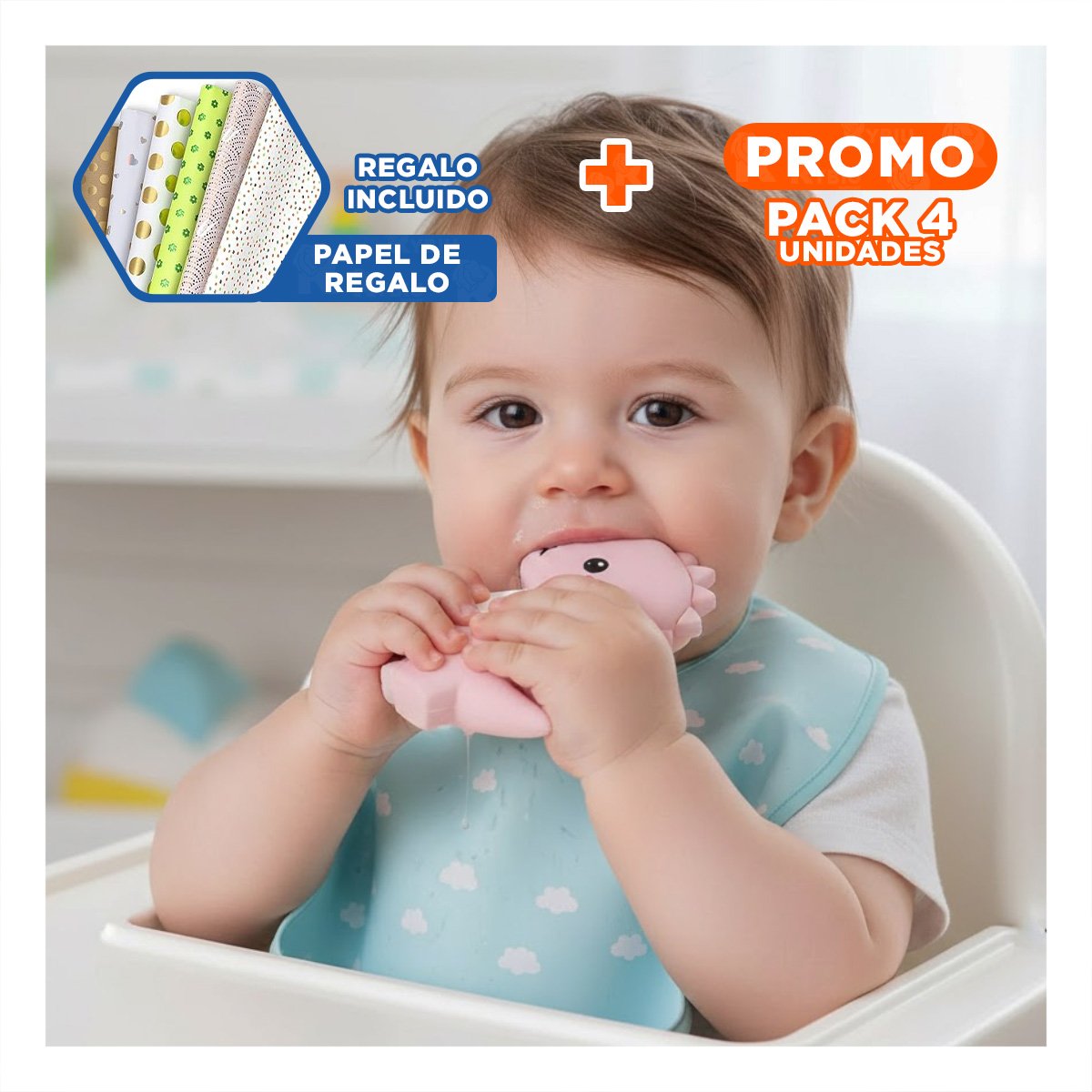 PACK4 ACCESORIO SILICONA ESTILO DINOSAURIO PARA BEBE ROSADO CON ACABADO SUAVE Y+PAPEL REGALO - 1