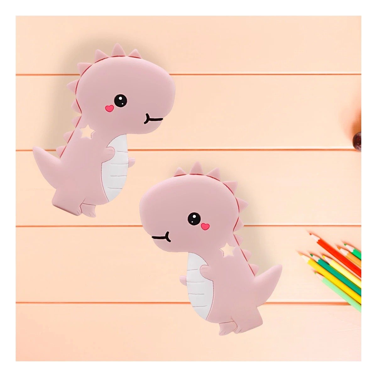 PACK4 ACCESORIO SILICONA ESTILO DINOSAURIO PARA BEBE ROSADO CON ACABADO SUAVE Y+PAPEL REGALO - 2