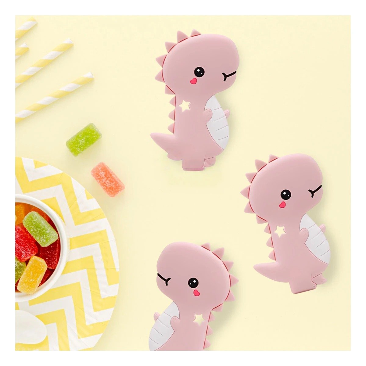 PACK4 ACCESORIO SILICONA ESTILO DINOSAURIO PARA BEBE ROSADO CON ACABADO SUAVE Y+PAPEL REGALO - 5