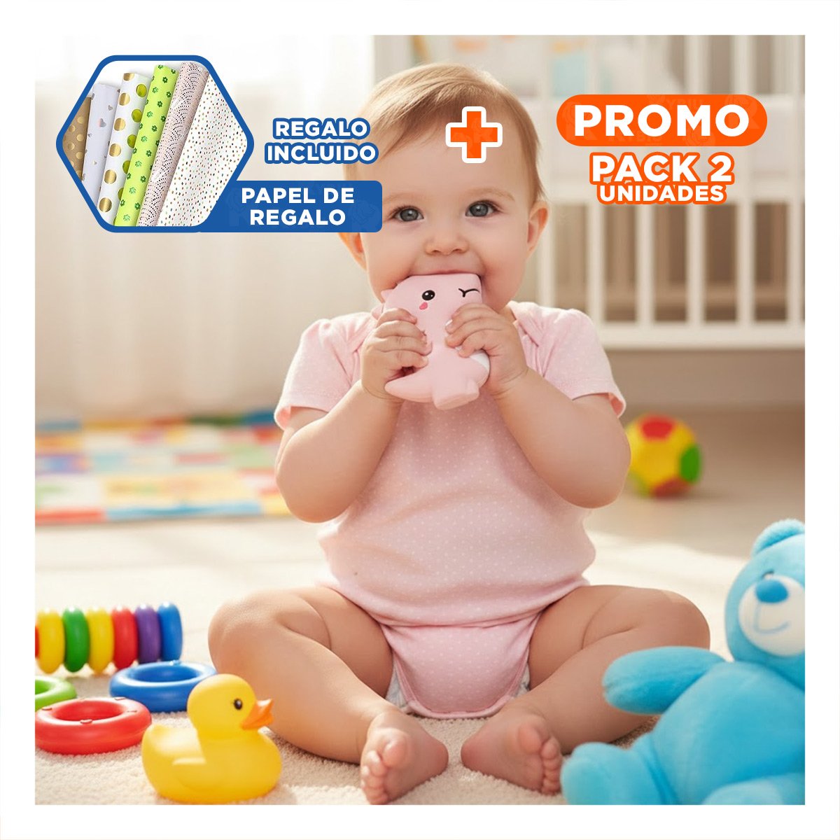 PACK2 LIMPIADOR SILICONA MODELO DINOSAURIO PARA BEBE ROSADO CON AGARRE SEGURO Y+PAPEL REGALO - 1